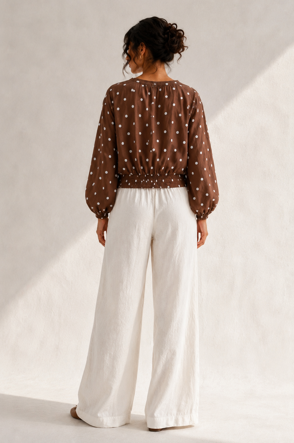 Brown x White Polka Dots Wrap Top
