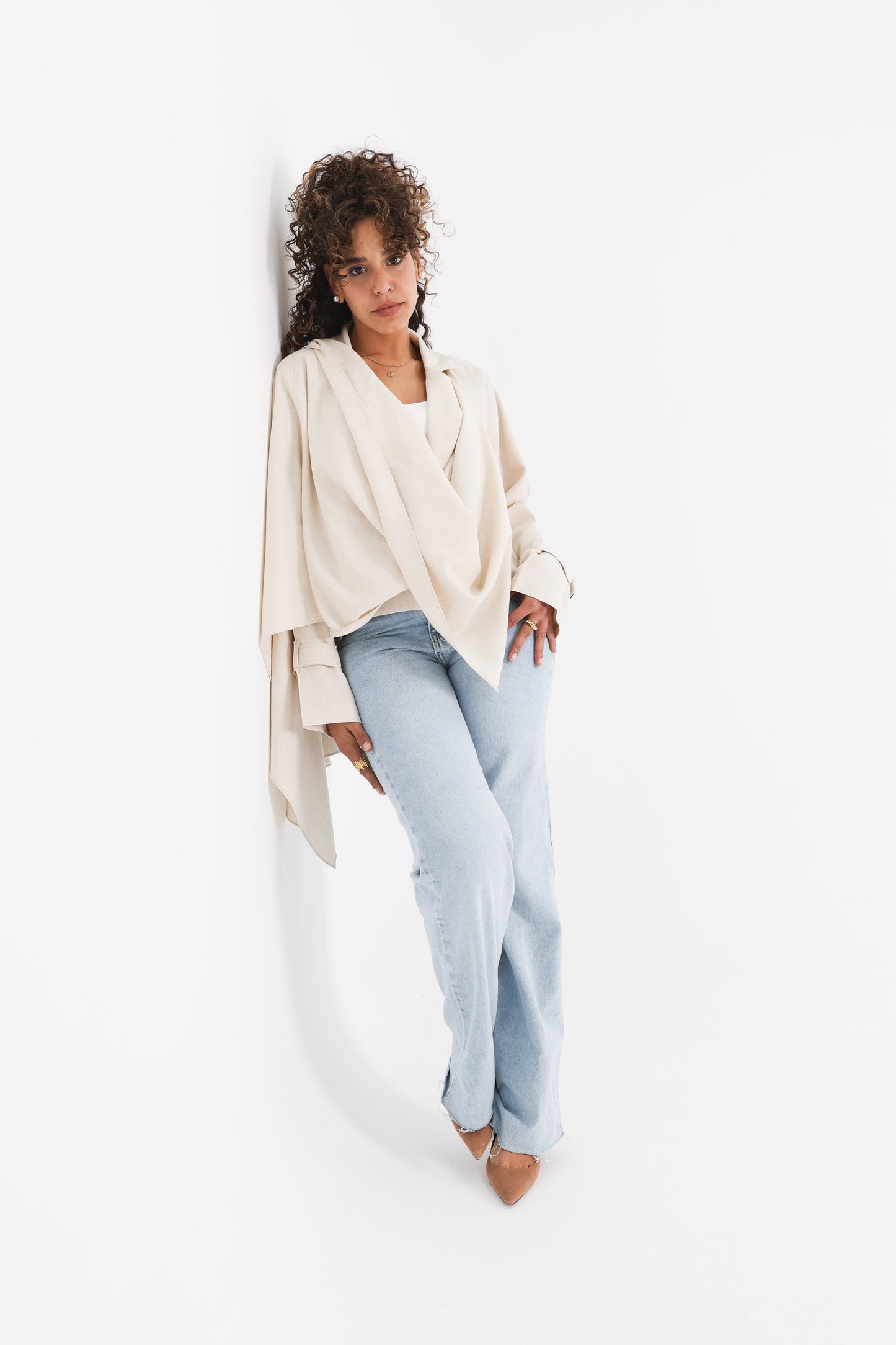 Cropped linen jacket with removable scarf