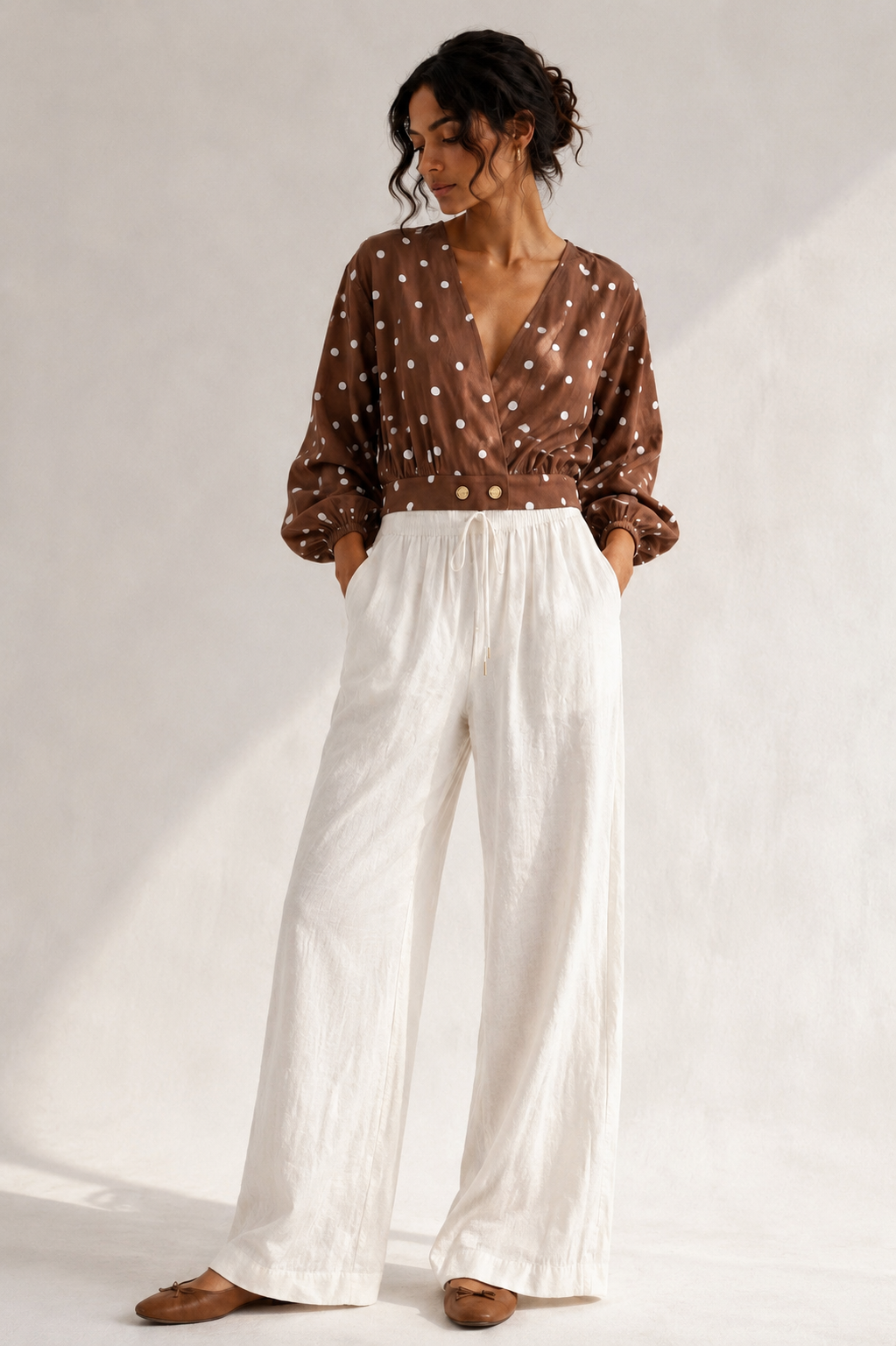 Brown x White Polka Dots Wrap Top