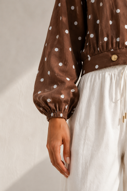 Brown x White Polka Dots Wrap Top